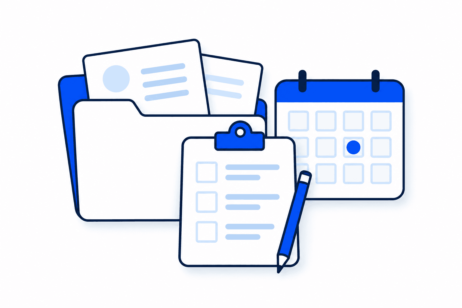 A blue paper-style path connecting a plan, organization setup and a reviewed rollout.